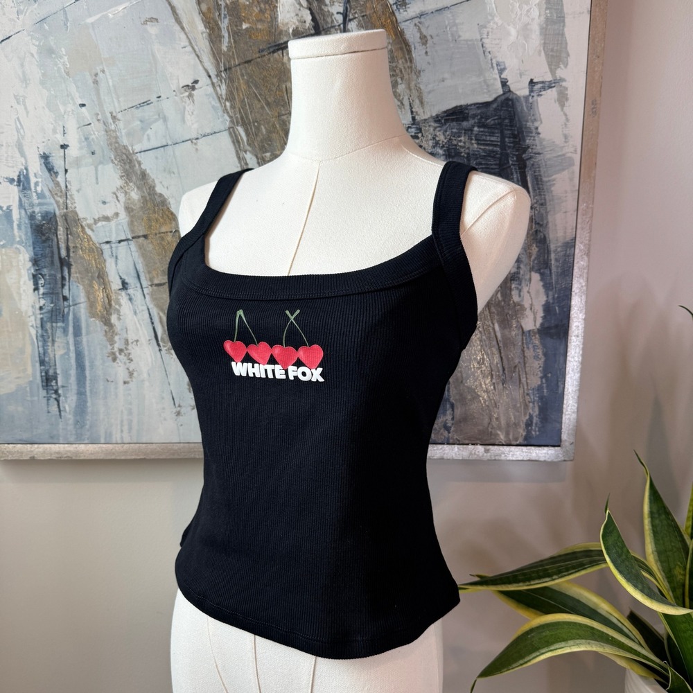 White Fox Club 14 Taylah Tank Top Black Ribbed Heart Cherry Graphic Large NWT